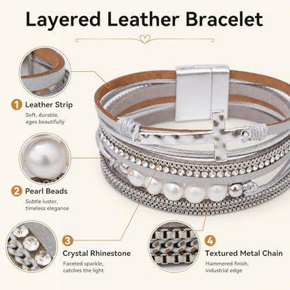 Vercret Leather Wrap Bracelet for Women, Multi-Layer Cuff Bangle | Boho Stacked Bracelets with Safe Clasp Western Bangle Jewelry Gift for Lady and Mom Sister Friend - style: Sliver