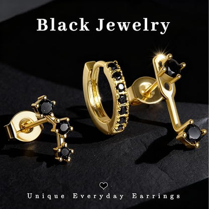 3 Pairs Dainty Small Earrings Set for Women Trendy, Birthstone Stud Huggie Hoop Jacket Stack for Cartilage Helix, Gold Plated Hypoallergenic Cute Women Fashion Accessories Western Jewelry Gifts - color: Black CZ (Gold)