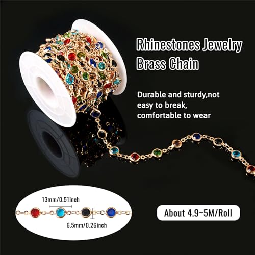 PH PandaHall Pandahall 16.4 Feet Rhinestone Jewelry Chains Colorful Glass Crystal Chains Gold Plated Brass Chains Handmade Flat Round Link Chains for Bracelet Necklace Jewelry Making
