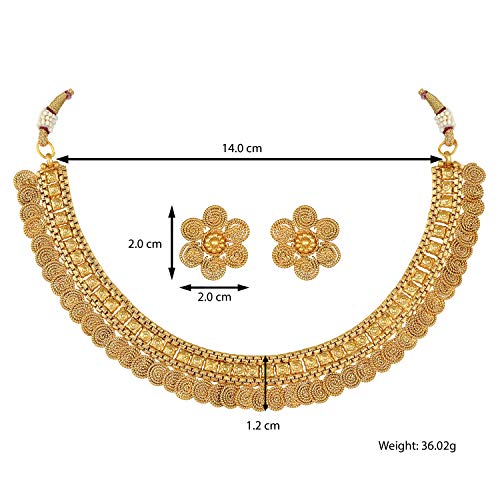 Aheli Bollywood Traditional Gold Tone Short Necklace Earrings Jewelry Set Gift for Women Wedding Party Ethnic Fashion Wear - color: Gold 5