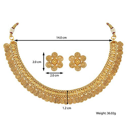 Aheli Bollywood Traditional Gold Tone Short Necklace Earrings Jewelry Set Gift for Women Wedding Party Ethnic Fashion Wear - color: Gold 5