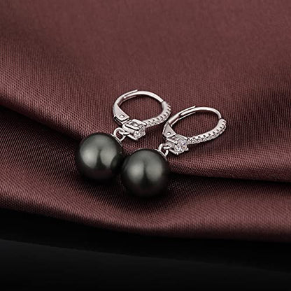 Pearl Dangle Drop Earrings for Women 925 Sterling Silver Pearl Leverback Earrings Cubic Zirconia Pearl Dangling Earrings 10MM - color: 4. Black-10mm