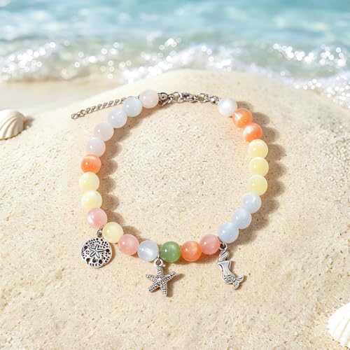 COLORFUL BLING Dopamine UV Reactive Color Changing Resin Beaded Anklet for Women Boho Starfish Seashell Turtle Dolphin Charm Foot Chain Summer Beach Vacation Jewelry - style: style 3