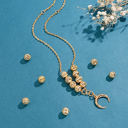 PH PandaHall 18K Gold Plated 8mm Round Spacer Beads 30pcs Hollow Loose Bead | 15 Styles, Tibetan Style, Alloy Ball Charm, for Bracelet Earring Necklace Jewelry Making,1.5~2mm Hole - size: 8mm