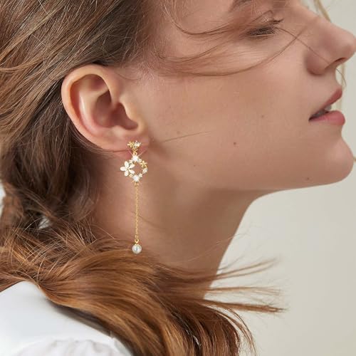Awinesn Clip on Earrings Dangle Pearl Drop Clip Earrings for Women Trendy Dangle Chain Dainty Flower Wedding Earrings for Brides 14K Gold Plated Statement Non Pierced Earrings for Women Sparkly Jewelry - style: fugu-baiflower-g