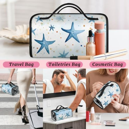 Blue Starfish Hanging Roll Up Cosmetic Bag with 4 Removable Storage Bags Waterproof Foldable Toiletry Kit for Women - color: Multicolor 8