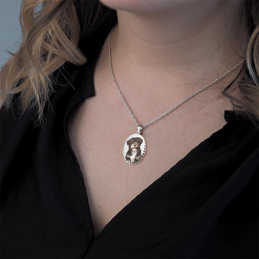 Oval w/Diamond Cut Edge Custom Photo Engraved Pendant - in Solid 14K, 10k, Yellow, White, Or Sterling Silver - color: Solid 10K White Gold + Photo, size: 3/4 x 1 Inch