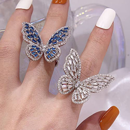 Butterfly Rings for Women Adjustable Golden Cocktail Ring Sparkly Stones Statement Silver Bow Open Wrap Bow Jewelry Bridesmaids Wedding Valentine’s Day Gift Lover Mother - color: JZ03-Silver Blue