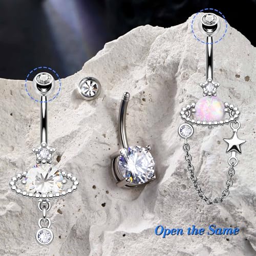 Jewseen 3PCS Belly Button Ring Dangle Surgical Steel Zircon Opal Moon Star Planet Space Design Navel Ring 14G Curved Barbell Fashion Piercing Jewelry - color: planet