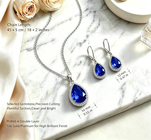 VONSSY Classic Oval Pendant Gemstone Necklace | Crystal Ruby Sapphire Waterdrop Birthstone Teardrop Emerald Necklace | 18K Platinum Gold Plated Chain | Jewelry Gift for Mother Wife Girlfriend - color: NL & ER - Sapphire