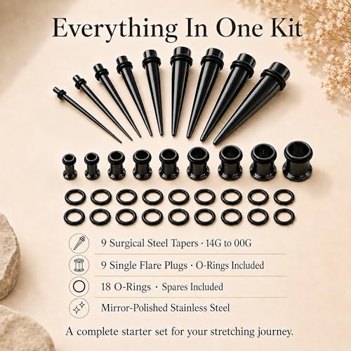 BodyJ4You 36PC Ear Stretching Kit - Complete Beginner Set 14G-00G | Gauges for Ears Stainless Steel Tapers Single Flare Plugs Tunnels - Dead Stretching Lobe Men Women Expander - color: Black, Single Flare