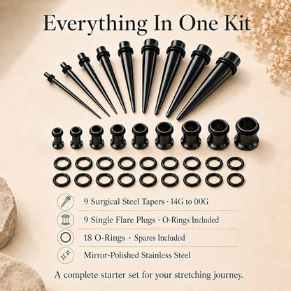 BodyJ4You 36PC Ear Stretching Kit - Complete Beginner Set 14G-00G | Gauges for Ears Stainless Steel Tapers Single Flare Plugs Tunnels - Dead Stretching Lobe Men Women Expander - color: Black, Single Flare