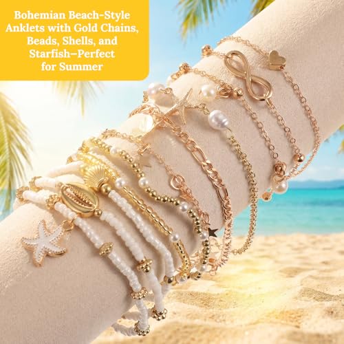 Tyqour 10PCS Anklets for Women Ankle Bracelets for Women Waterproof Bohemian Pearl Women's Anklets Gold White Adjustable Layered Chain Summer Beach Foot Jewelry Gift Set Plus Size 8.27+1.97 Inch