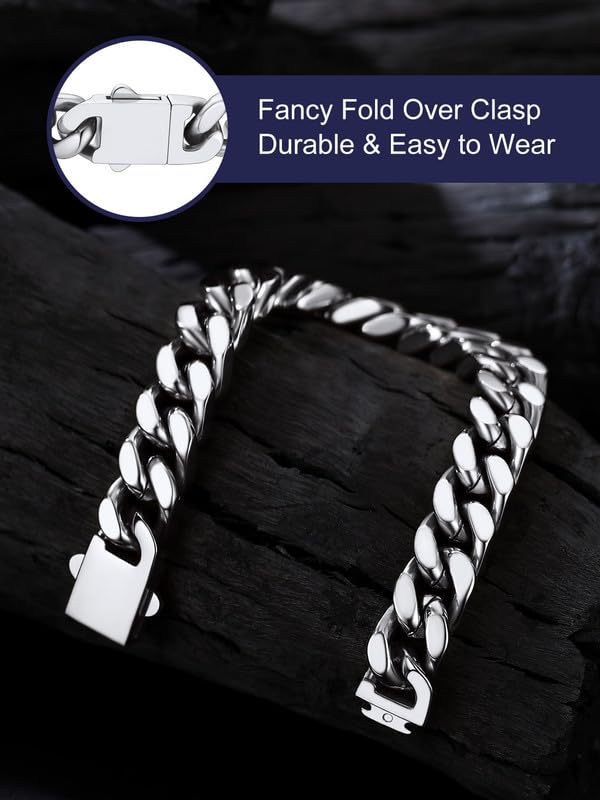 Bandmax Mens Hip Hop Cuban Link Bracelets 5/7/9/12MM Stainless Steel Miami Curb Chain Bracelet Silver/Gold Plated/Black Wristlet Chains for Men 7"-9" - color: 10 12MM-Steel