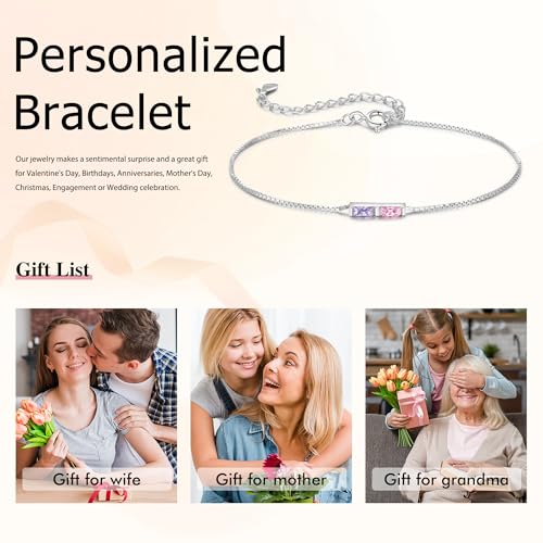 Sterling Silver Personalized 1-6 Birthstone Bracelet for Women Mothers Day Bracelet for Mom Daughter Custom Dainty Jewelry for Christmas Birthday Gift Ideas - style: Silver-2 stones