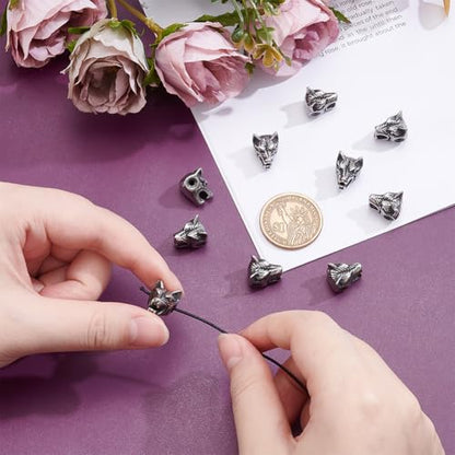 PH PandaHall Wolf Loose Beads 2mm Hole Stainless Steel Tibetan 14mm Antique Silver Spacer Beads Metal Animal Head European for Necklace Bracelet DIY Making - color: Antique Silver-1, size: 14x11x11mm