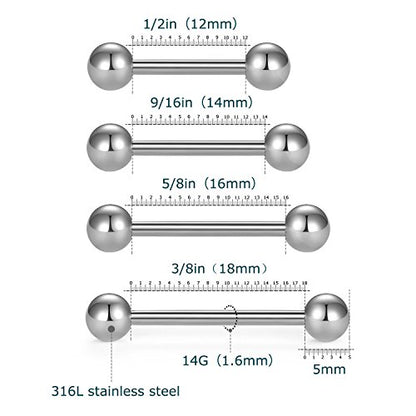VCMART Nipple Rings Tongue Rings Stainless Steel 14G Straight Barbells Piercing Jewelry 12mm,14mm,16mm,18mm - color: 1 -silver
