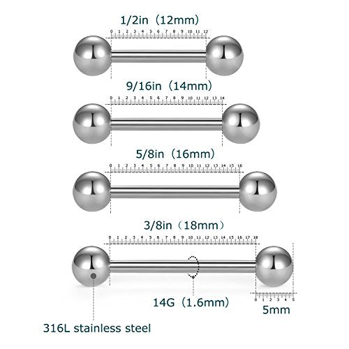 VCMART Nipple Rings Tongue Rings Stainless Steel 14G Straight Barbells Piercing Jewelry 12mm,14mm,16mm,18mm - color: 1 -silver