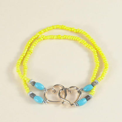 Elastic Beaded Ankle Bracelets for Women Double Heart Layered Stretch Ankle Bracelets Waterproof Dainty Boho Beaded Anklets for Summer Beach Foot Jewelry - color: Yellow Gold