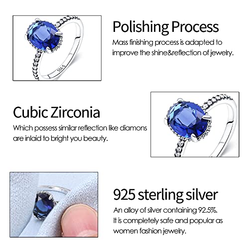 KUNSIR 925 Silver Cubic Zirconia Ring Size 7-9 Wedding Band Sterling Silver Eternity Ring Modern Style - style: Blue Stone Ring
