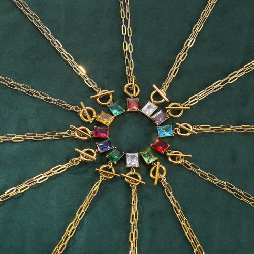 Diamond Necklaces for Women Natural Stone Paperclip Toggle Necklace 14K Gold Plated Emerald Birthstone Necklace for Women Paper Clip Chain Blue Green Cubic Zirconia Pendant Birthday Gifts for Women Mother Jewelry - color: 06. June(Alexandrite)