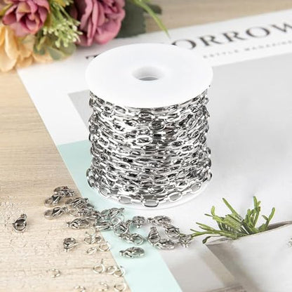 Kyutong 32.8 Feet Flat Oval Paperclip Jewelry Chain Link for Crafting | Stainless Steel Necklace Making Chain 8mm Oval Cable Chain Spool for Necklace Bracelet Crafts - color: Oval Paperclip Silver