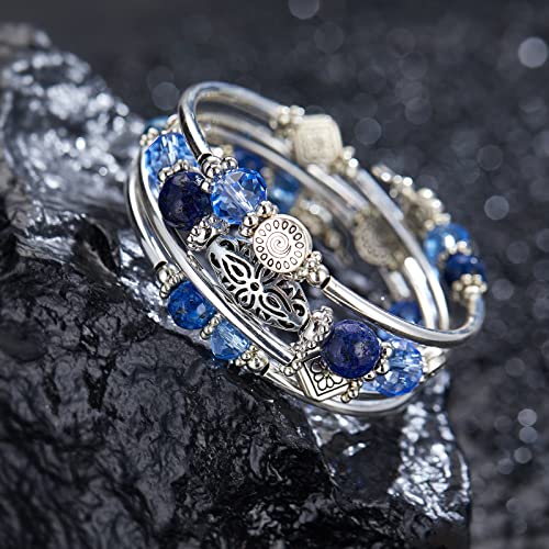 FULU AUTUMN Stackable Beaded Bracelets for Women Boho Wrap Silver Bracelet Layered Fashion Jewelry Gifts for Her - color: Sapphire