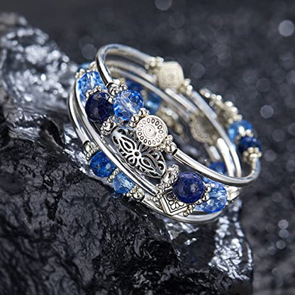 FULU AUTUMN Stackable Beaded Bracelets for Women Boho Wrap Silver Bracelet Layered Fashion Jewelry Gifts for Her - color: Sapphire