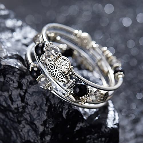 FULU AUTUMN Stackable Beaded Bracelets for Women Boho Wrap Silver Bracelet Layered Fashion Jewelry Gifts for Her - color: Black grey