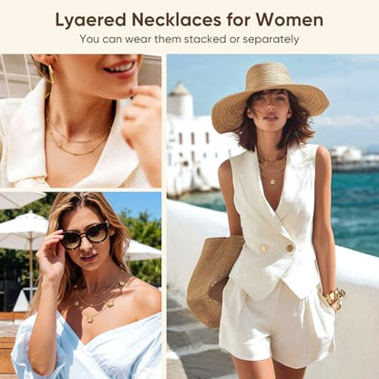 MPRAINBOW Gold Layered Necklace for Women - 3Pcs 18K Gold Plated Floral Necklaces, Stainless Steel Stackable Cuban Link Chain Non Tarnish Trendy Jewelry, Herringbone Chains Christmas Birthday Gifts - color: Gold 01