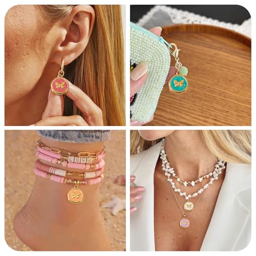 8Pcs Cute Butterfly Enamel Charms Stainless Steel Pendant Mixed Color Flat Round with Butterfly Dangle Charm Golden for DIY Necklace Earring Keychain Jewelry Making - color: Butterfly