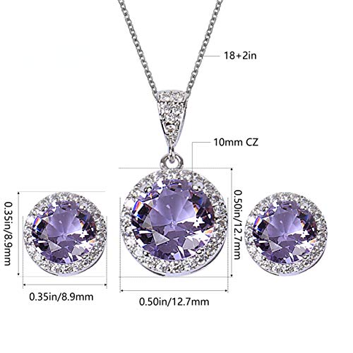 AMYJANE Halo Crystal Jewelry Set - Sterling Silver Round Cubic Zirconia Crystal Bridal Pendant Necklace Earrings Set for Wedding Bride Bridesmaids - color: Amethyst