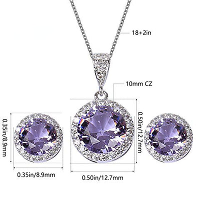AMYJANE Halo Crystal Jewelry Set - Sterling Silver Round Cubic Zirconia Crystal Bridal Pendant Necklace Earrings Set for Wedding Bride Bridesmaids - color: Amethyst