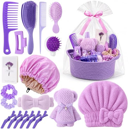 20 Pcs Gift Basket for Women Hair Care Pack Includes Self Care Beauty Set Hair brush Set for Women, Mom Friend Sister Wife Grandma Girlfriend Daughter(Purple) - color: Purple