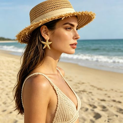 Gold Statement Earrings For Women, 14K Gold Plated Textured Geometric Drop Earrings - Hypoallergenic Stainless Steel Statement Earrings for Women, Waterproof Fan-Shaped Dangle Earrings for Beach & Daily Wear - color: Starfish DKE252012GL