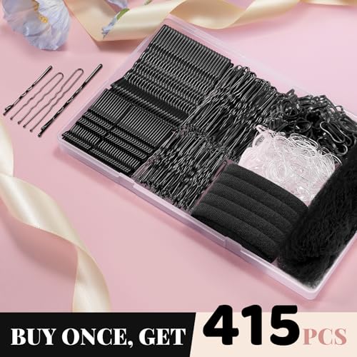 IKOCO 415pcs Bobby Pins Set, U Pins with Hair Ties and Hair Net, Black | Strong Hold, Snag-Free, No Damage, Smooth Edges, Dance Competition & Ballet Ready, For Updos, Buns & Daily Styling - color: Black
