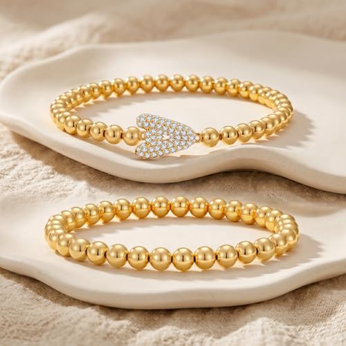 Initial Stack Bracelet Set for Women Trendy 14K Gold Plated Beaded Stackable Stacking Stretch Name Bracelets Dainty Friendship Waterproof Charm Cute Birthday Jewelry Gifts for Women - color: Initial A