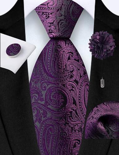 GUSLESON 3.15"（8cm） Mens Tie and Lapel Pin Paisley Necktie Hankerchief Cufflinks Set for Men - color: Dark Purple