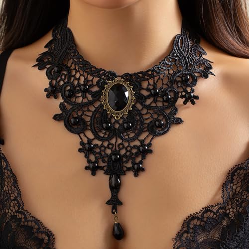 Fesciory Black Necklaces for Women, Adjustable Layered Velvet Leather Lace Collar Necklace, Goth Jewelry Gifts. - color: Gem