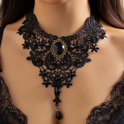 Fesciory Black Necklaces for Women, Adjustable Layered Velvet Leather Lace Collar Necklace, Goth Jewelry Gifts. - color: Gem