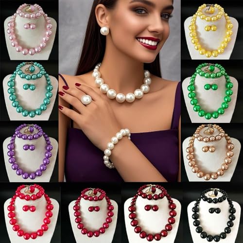 xuzhiyuan Statement Pearl Jewelry Set for Women - Includes Necklace, Bracelet, Earrings, and Ring | Colorful Faux Pearl Fashion Jewelry Set for Party, Wedding, Daily Wear - color: Black