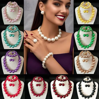 xuzhiyuan Statement Pearl Jewelry Set for Women - Includes Necklace, Bracelet, Earrings, and Ring | Colorful Faux Pearl Fashion Jewelry Set for Party, Wedding, Daily Wear - color: Champagne