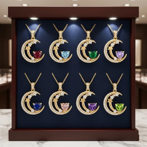 Midari 18K Gold Moon Star Necklace Moon Star Pendant Necklace with 12 Months Birthstones Moons Jewelry Gifts for Women Mom Her - color: 06-June