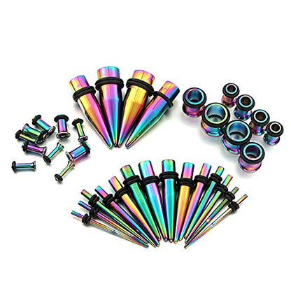 vcmart 14G-00G 36 pcs Ear Gauges Stretching Kit Tapers Plugs Eyelets Implant Grade Steel - color: Rainbow