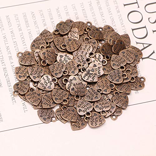 Shapenty 100PCS Mini Metal Beads Heart Shaped “Made with Love” Charms Bulk for DIY Craft Keychain Necklace Pendants Bracelets Earrings Jewelry Making Findings - color: Copper