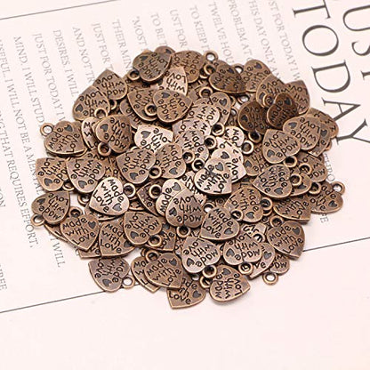 Shapenty 100PCS Mini Metal Beads Heart Shaped “Made with Love” Charms Bulk for DIY Craft Keychain Necklace Pendants Bracelets Earrings Jewelry Making Findings - color: Copper