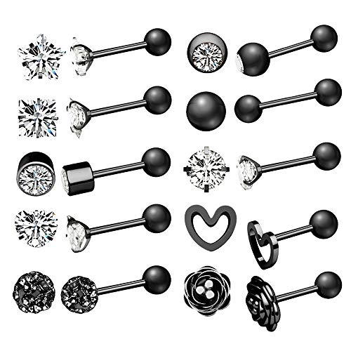 10 Pairs 16g Ear Cartilage Helix Surgical Stainless Steel Cubic Zirconia Stud Cartilage Earrings Huggie Screw Backs Ear Tragus Auricle Cute Love Heart Flower Barbell Piercing Set 4mm - color: Black