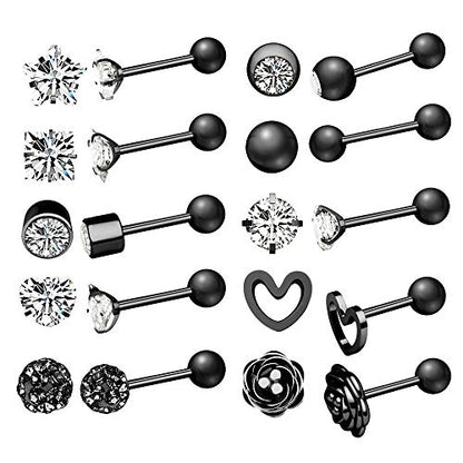 10 Pairs 16g Ear Cartilage Helix Surgical Stainless Steel Cubic Zirconia Stud Cartilage Earrings Huggie Screw Backs Ear Tragus Auricle Cute Love Heart Flower Barbell Piercing Set 4mm - color: Black