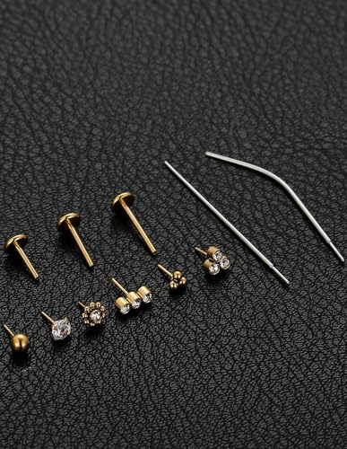 Threadless Push in Nose Studs Rings Stainless Steel Flat Back Earrings Labret Monroe Lip Rings for Women Men Cartilage Helix Conch Tragus Piercing Jewelry 6mm 8mm 10mm Silver Gold Tone - color: Gold, size: 20G(0.8mm)