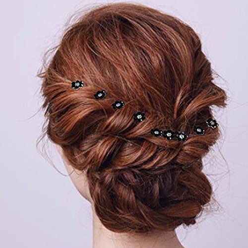 Rhinestone Flower Hair Pins, 40 Pcs U-Shaped Crystal Party Wedding Bridal Hair Accessories for Women Girls (Black) - color: Black